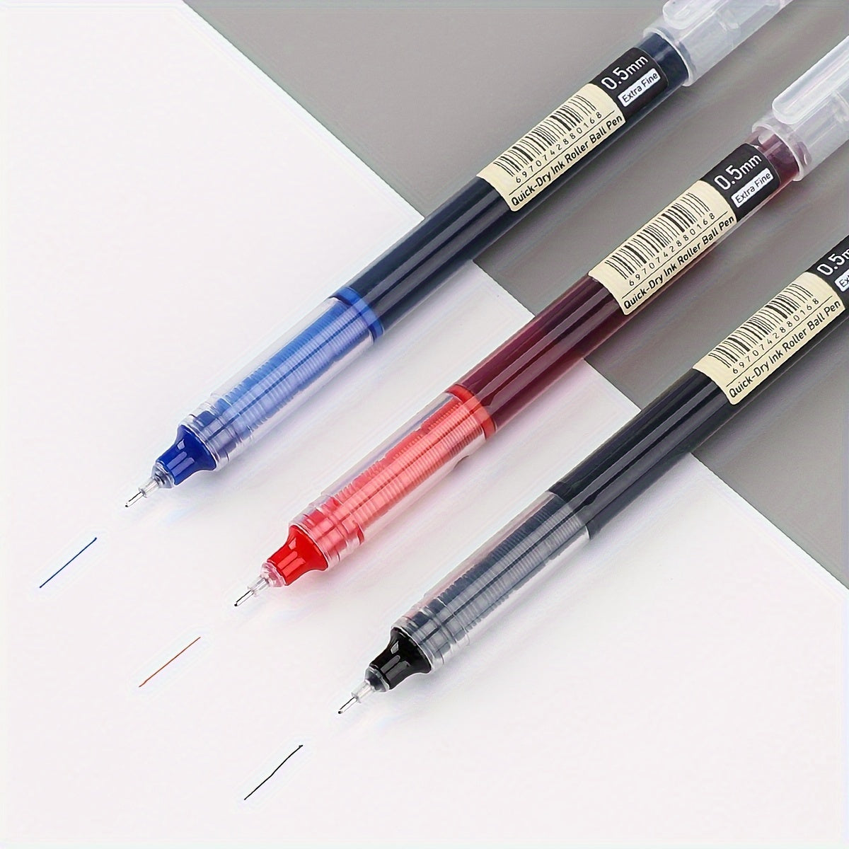 30pcs/10pcs direct liquid quick-drying ballpoint pens in black, blue, and red 0.5mm. School and office gel pens for homework and writing tasks.