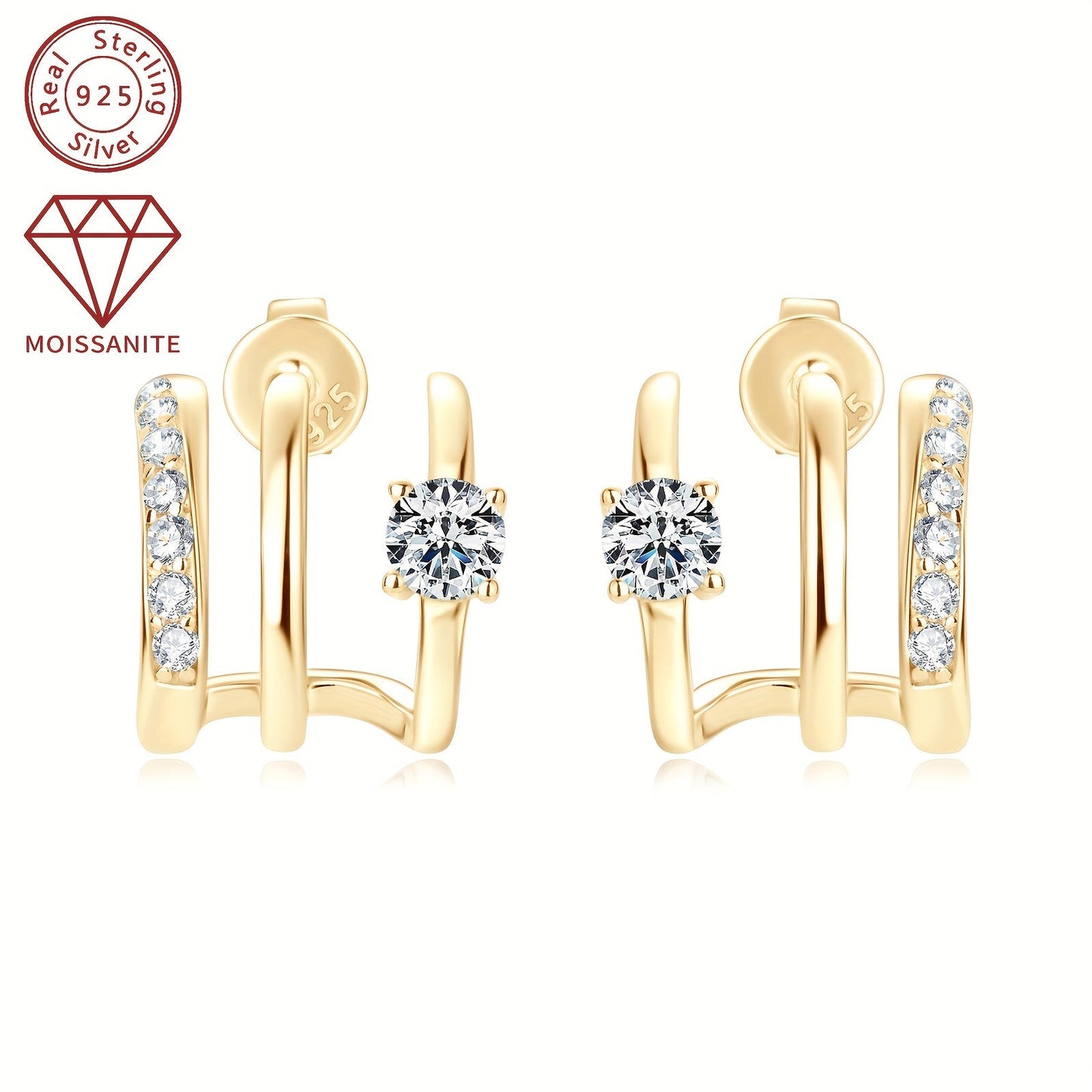 These stunning Moissanite earrings feature a total weight of 4.09g and are set with 4mm*2pcs, 1.6mm*14pcs, and 0.42ct*2pcs Moissanite stones. Crafted from 925 Sterling Silver, these Women's Fashion Half-Open Three-Ring Earrings are designed as a pair and