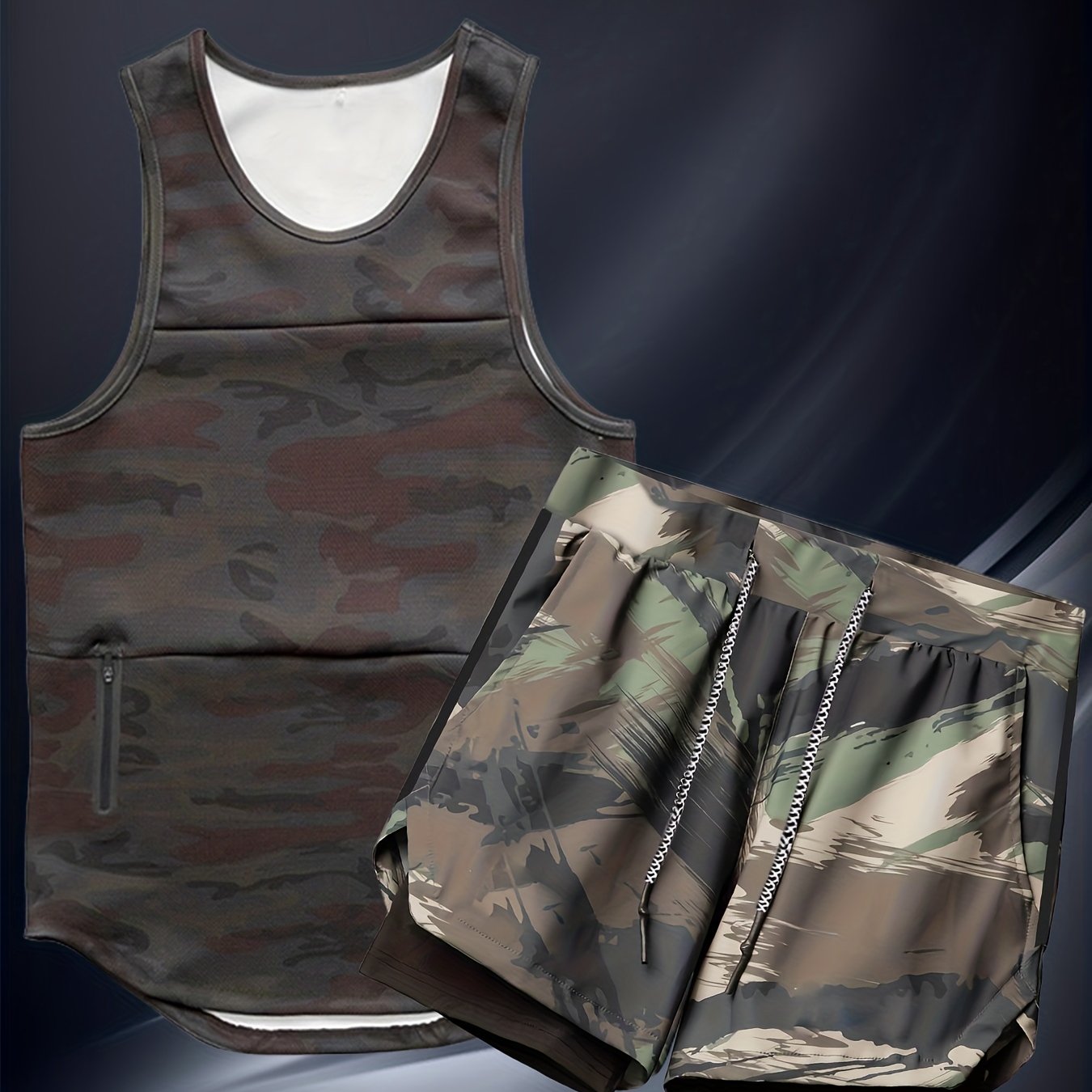 Men's casual sports suit with sleeveless zipper pocket vest and American style training shorts.