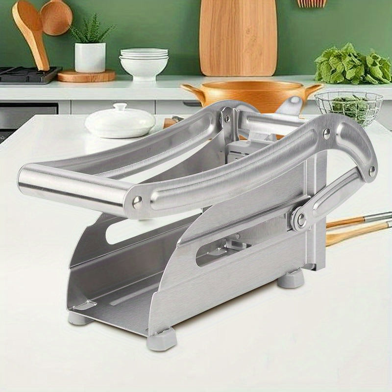 Introducing the InBrave Stainless Steel Fruit & Vegetable Cutter - a versatile kitchen gadget perfect for slicing french fries, chopping potatoes, and dicing onions. This durable tool features anti-slip feet for stability and is made with food-grade