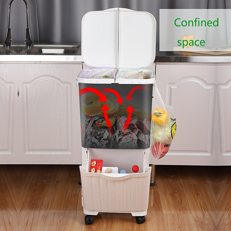 Spacious Trash Can with Two Compartments and Lid - Resistant to Odors, Easily Portable for Kitchen and Home Waste Sorting, Recycling, Dry and Wet Waste Separation, and Storage.