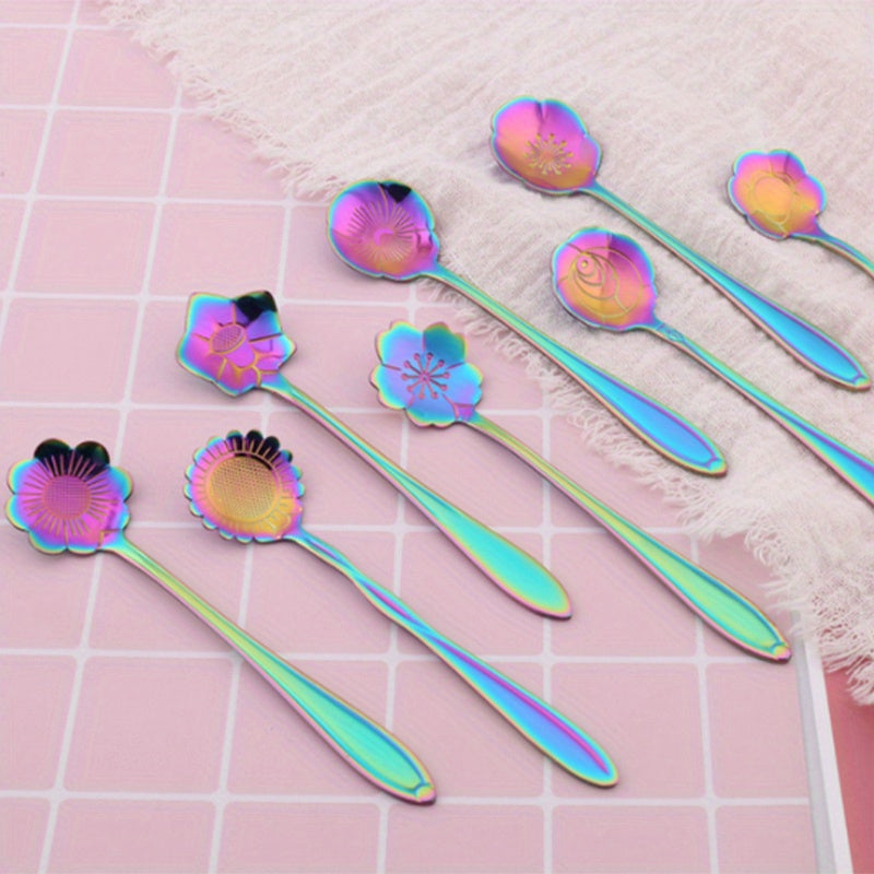 A collection of 8 flower-shaped spoons perfect for tea, coffee, ice cream, dessert, or honey. These cute spoons are made of durable stainless steel in a stylish silver and gold finish, making them a versatile addition to any kitchen utensil collection.