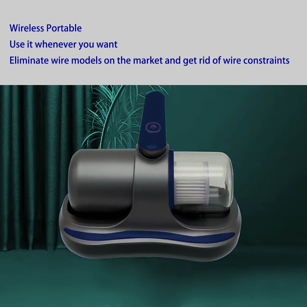 A portable vacuum cleaner with UV-C light that kills mites and bacteria. Features strong suction, rechargeable design, and cordless operation for easy carpet cleaning and dust removal. Includes double-click technology, visual box indicator, and a filter