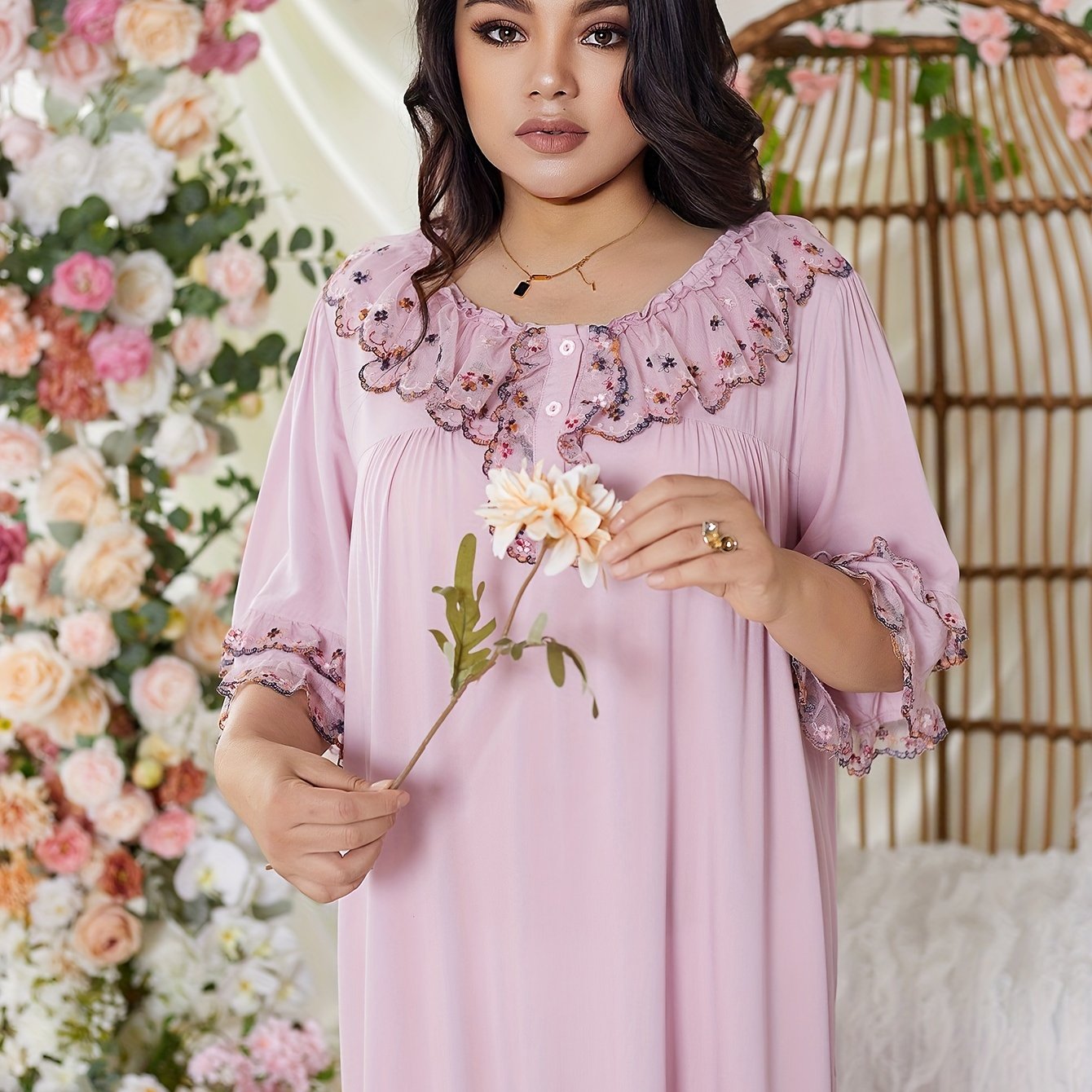 Floral Embroidered Lace Nightdress for Plus Size Women with Button Detail