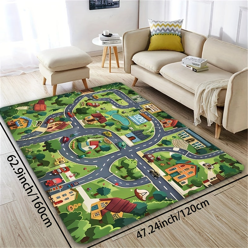 Green cartoon village design carpet suitable for use in children's rooms, bathrooms, kitchens, living rooms, bedrooms, interior doors, and entryways. The carpet has a thickness of 8mm and can be machine washed. Ideal for adding a decorative touch to your