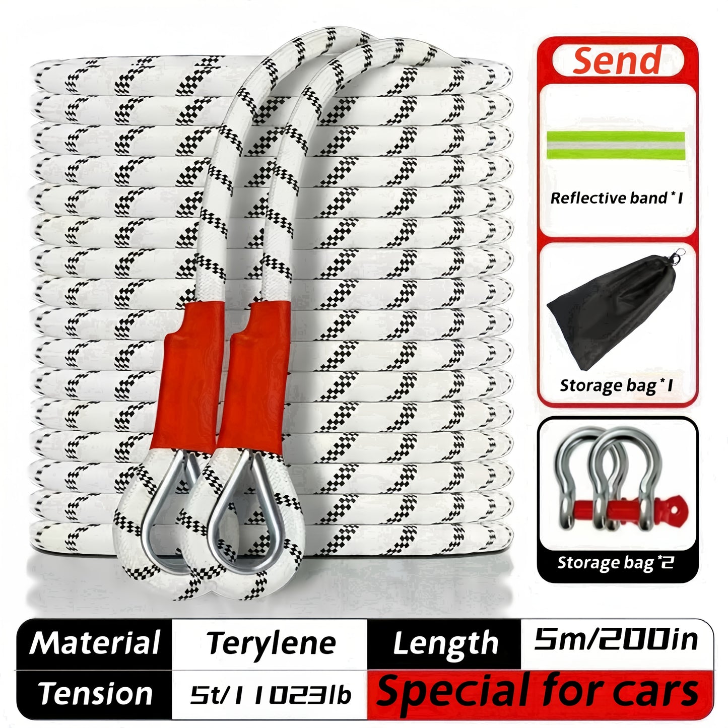 Heavy-duty tow rope for emergency car recovery with 5500lb/2500kg tensile strength, polyamide material, reflective band, steel hook, and storage bag. Can be used on the left side of the