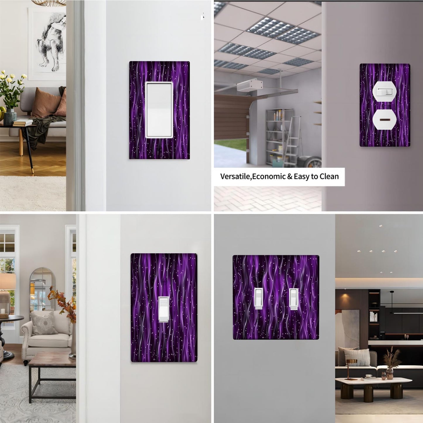 Durable polycarbonate light switch cover with sparkling purple pattern for home or office.