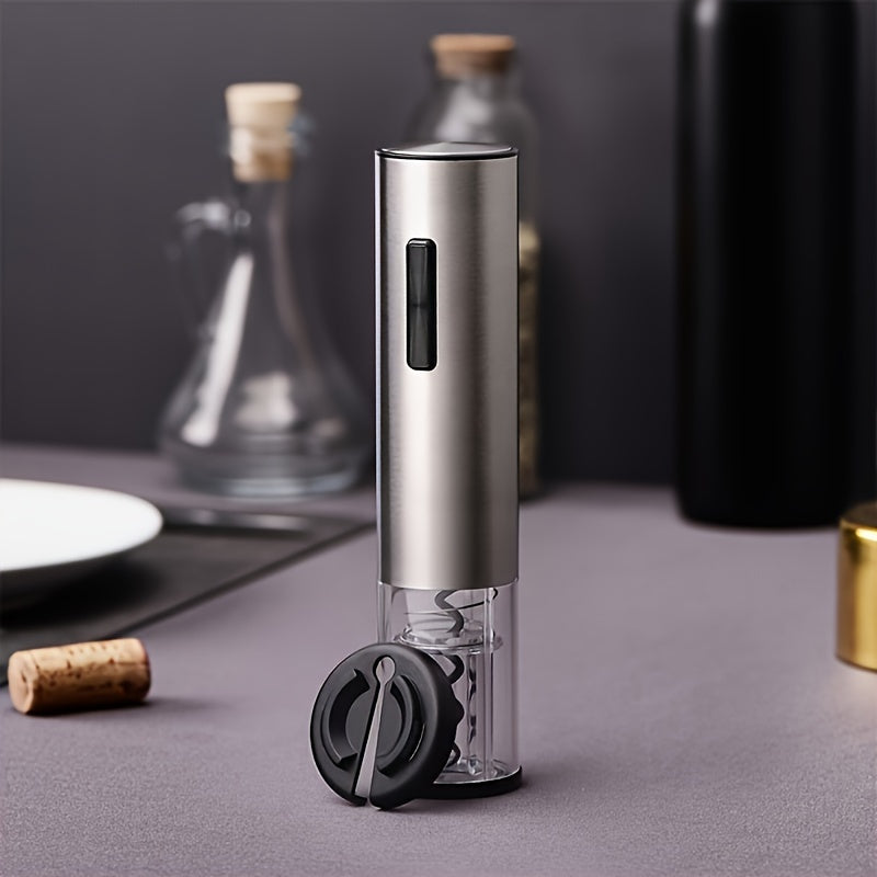 Stainless steel electric bottle opener set with USB rechargeable automatic corkscrew and 5-in-1 vino accessory kit. Perfect for kitchen, parties, weddings, and gift giving. Includes foil cutter, spiral drill, cork remover, and metal corkscrew. 500mAh