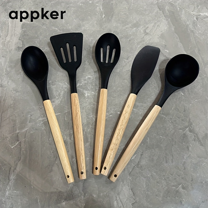 Appker's 5-piece Silicone Kitchen Utensil Set features Non-Stick, Safe Cooking Tools with Wooden Handles. Washable and Modern, this set is Perfect for Home Chefs.