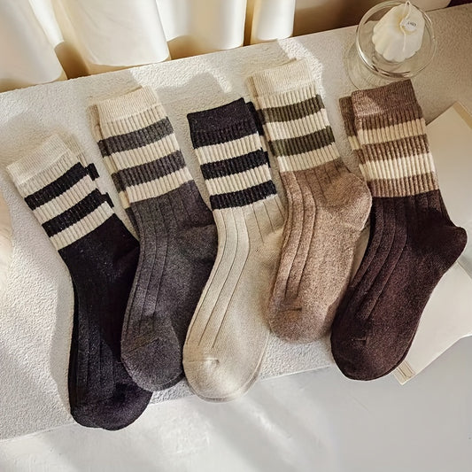 5 Striped Mid-Calf Socks for Women - Soft Polyester/Spandex Blend for Fall/Winter