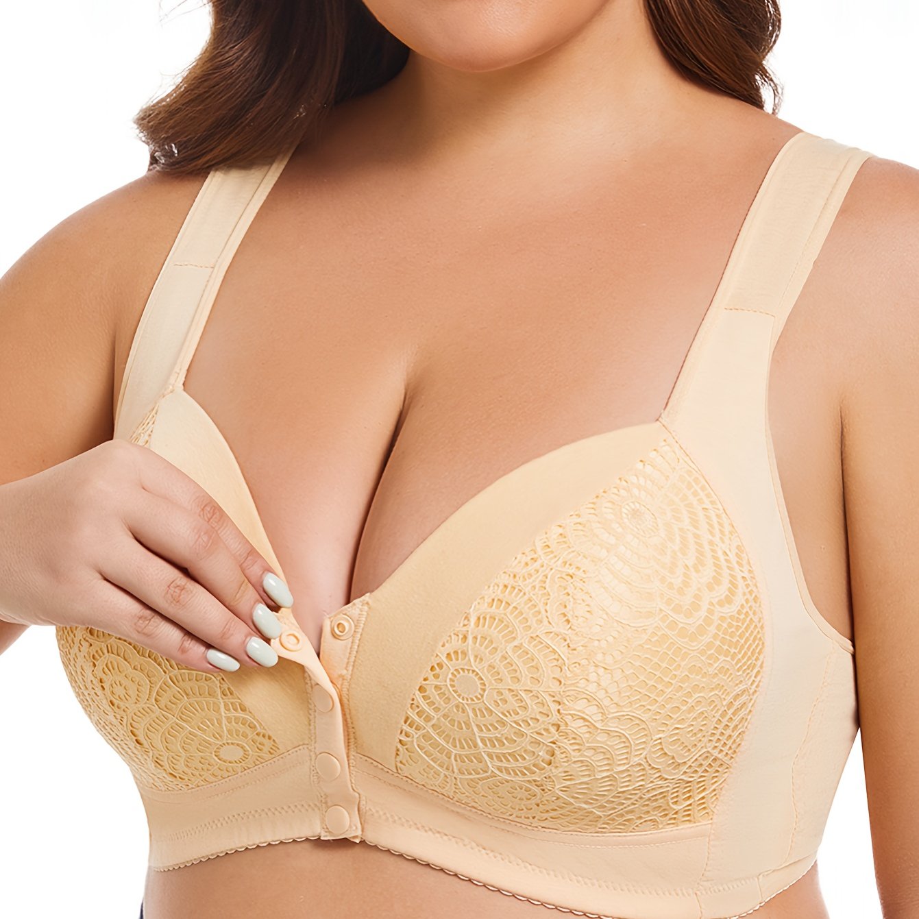 Wireless plus size lace bralette with front closure for women, full coverage, comfort fit, and non-removable pads