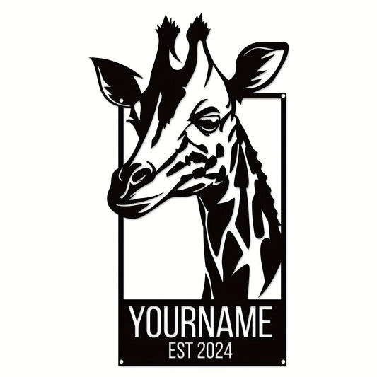 Customized Giraffe Metal Wall Art Sign - Personalized with Name and Year of Establishment, Stylish Indoor Decor Metal Plaque in Black, Suitable for Adults and Teens aged 14 and above.