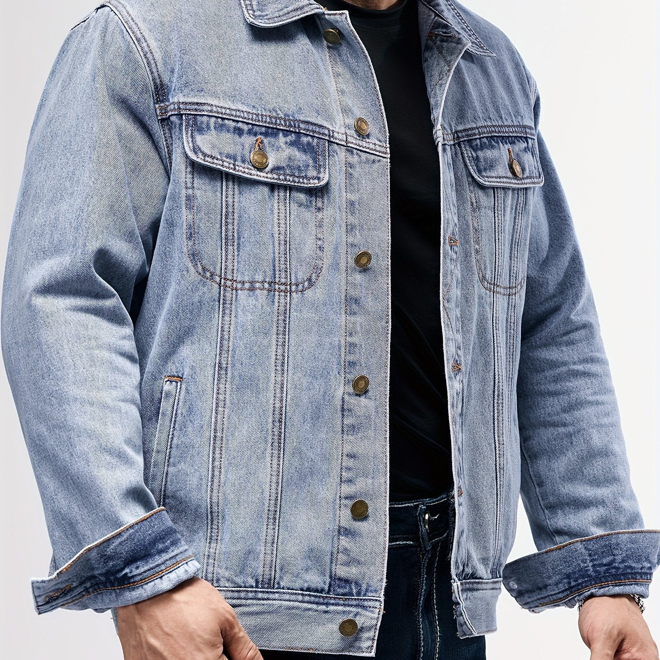 Men's Denim Jacket - Long Sleeve with Flap Pockets, Machine Washable