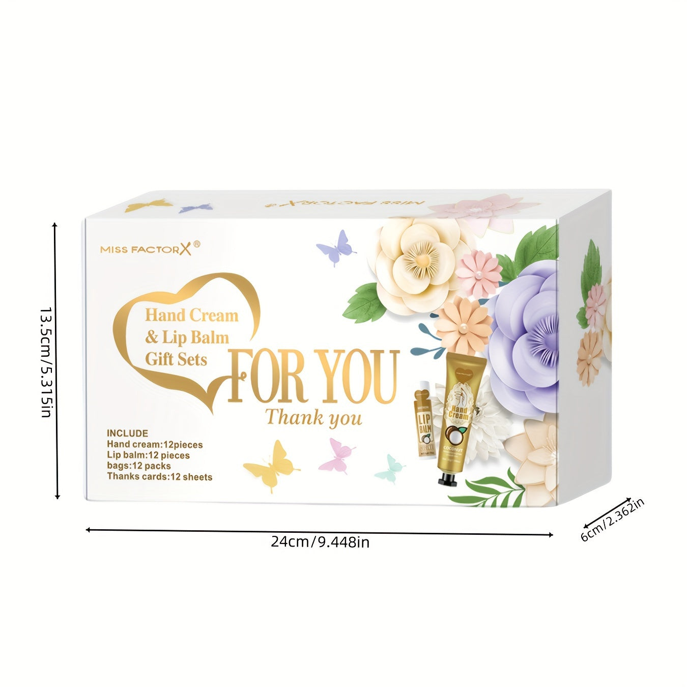 12-piece MISS FACTORX Hand Cream & Lip Balm Gift Set with hyaluronic acid and glycerin, floral-scented products in heart-shaped pouches and thank you cards, perfect for weddings, corporate