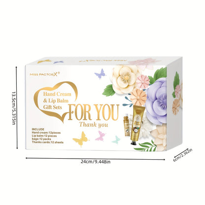 12-piece MISS FACTORX Hand Cream & Lip Balm Gift Set with hyaluronic acid and glycerin, floral-scented products in heart-shaped pouches and thank you cards, perfect for weddings, corporate