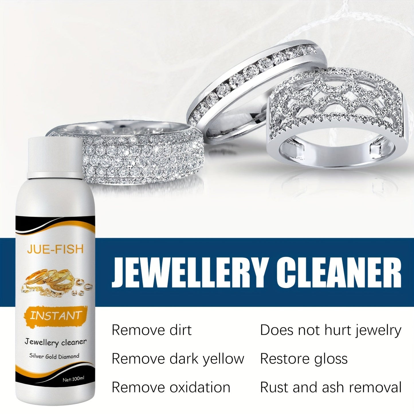 Single piece of jewelry cleaner liquid for decontamination and care of jewelry, specifically designed for cleaning various stains on jewelry and blackening care on glass surfaces. This product is a must-have addition to your cleaning supplies and tools.