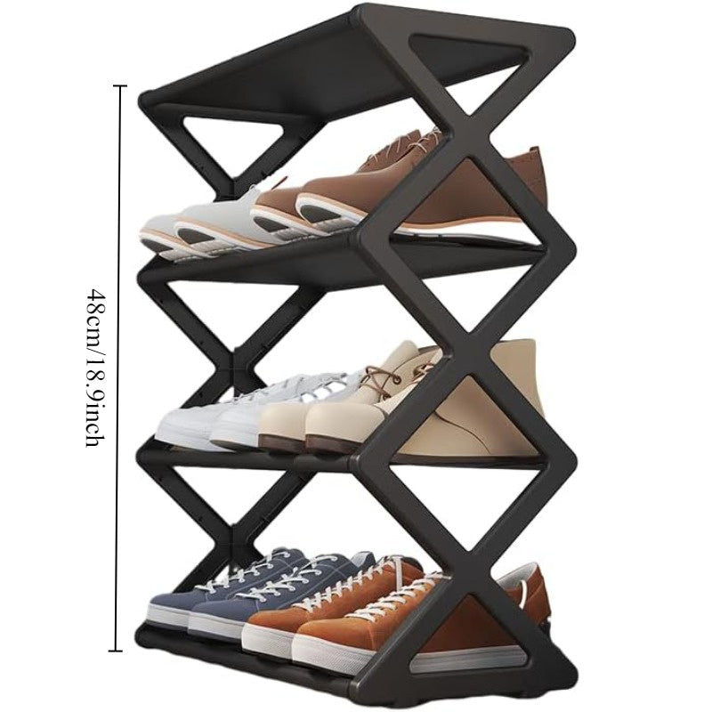 Black Plastic Freestanding Bedroom Shoe Rack with Expandable & Adjustable Fabric Shelves - Stackable X-Shape Design - 4 Tiers