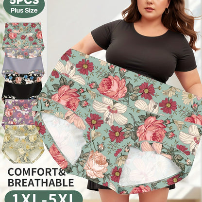 5 high-waist floral print panties for women with tummy control and butt lifting, made of comfortable polyester blend. Soft and breathable, suitable for plus size.