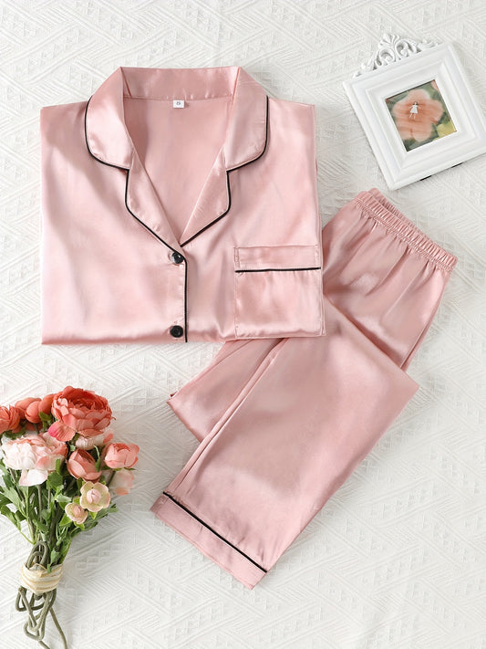 High-quality satin pajama set, perfect for autumn and winter, with long-sleeved top and elastic waistband pants.