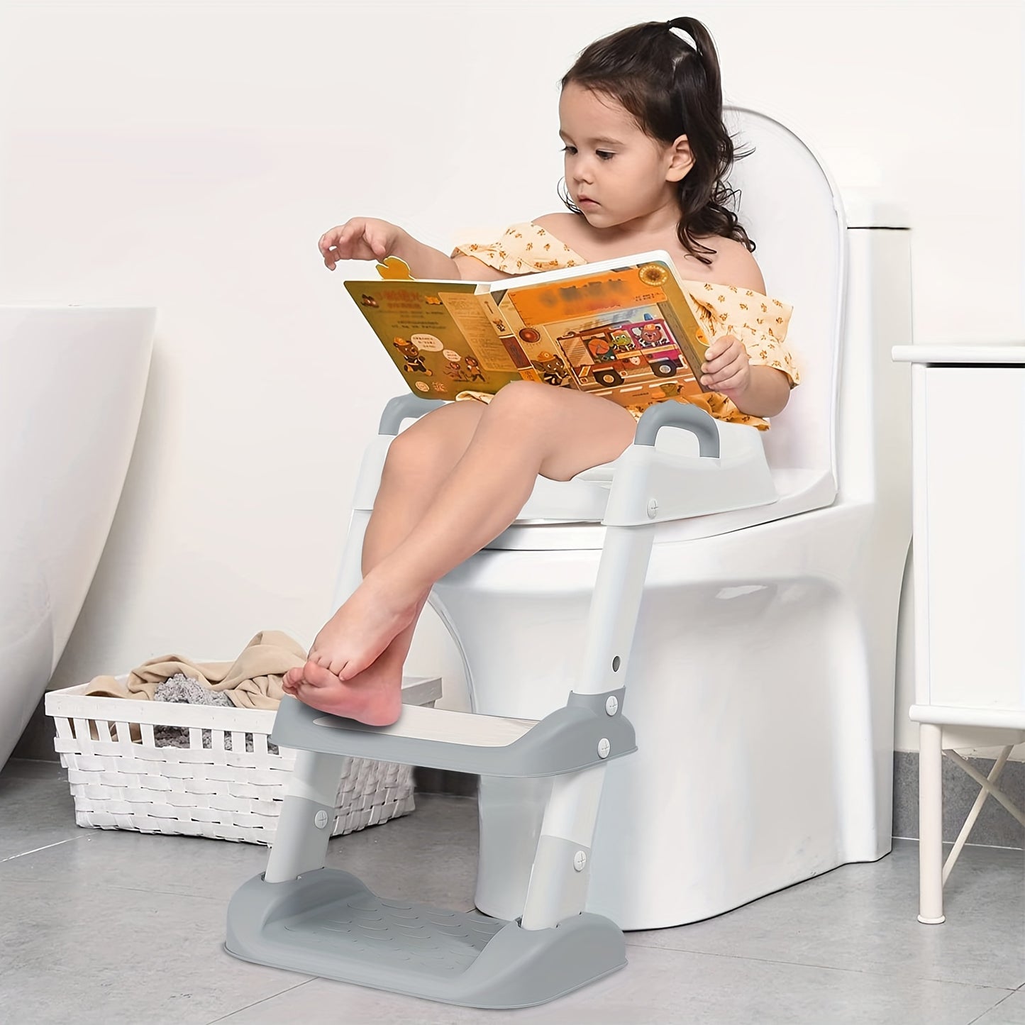 Potty training seat with step stool ladder, comfortable and safe design with anti-slip pads, splash guard.