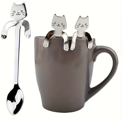 The cute Cat Coffee Spoon features a hanging stainless steel stirring spoon with a cat handle, perfect for stirring tea or coffee (Silver)