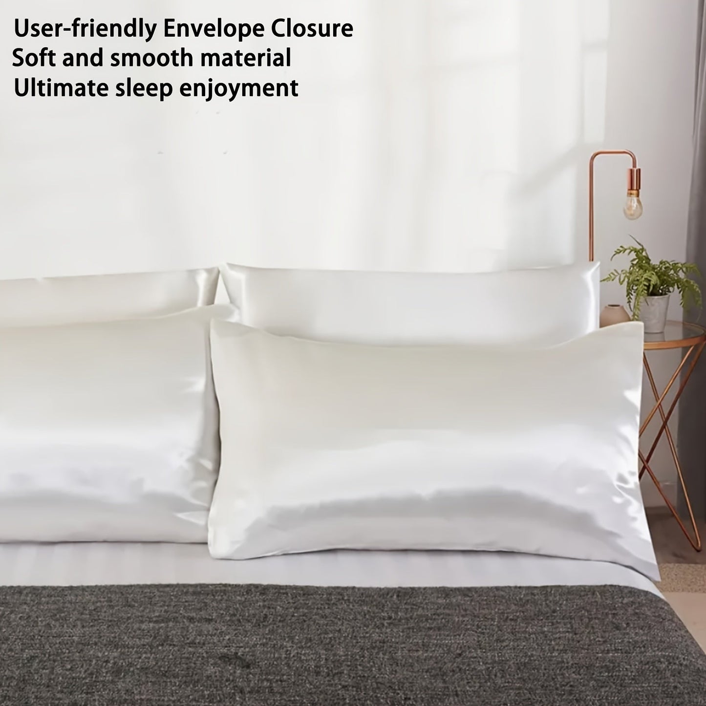 Two pieces of luxurious satin pillow covers measuring 50.8x66.04cm. These covers are silky soft, breathable, and skin-friendly with an envelope closure. They are machine washable and come in assorted colors (inserts not included).