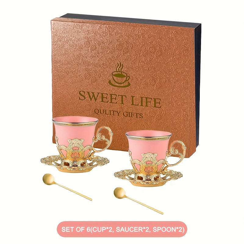 Golden 2.8oz Ceramic Tea Set with Gift Box, including Sakura Train Set, Turkish Arabic Coffee Cups, Espresso Cups with Saucer Plates and Spoons.