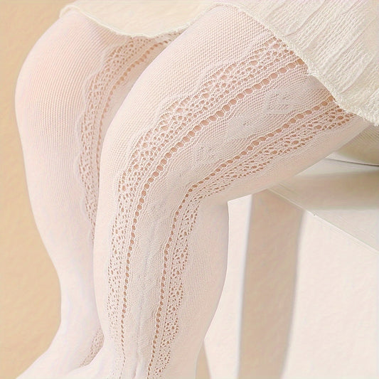 Two pairs of girls' white and beige princess-style tights with heart pattern and breathable comfort.