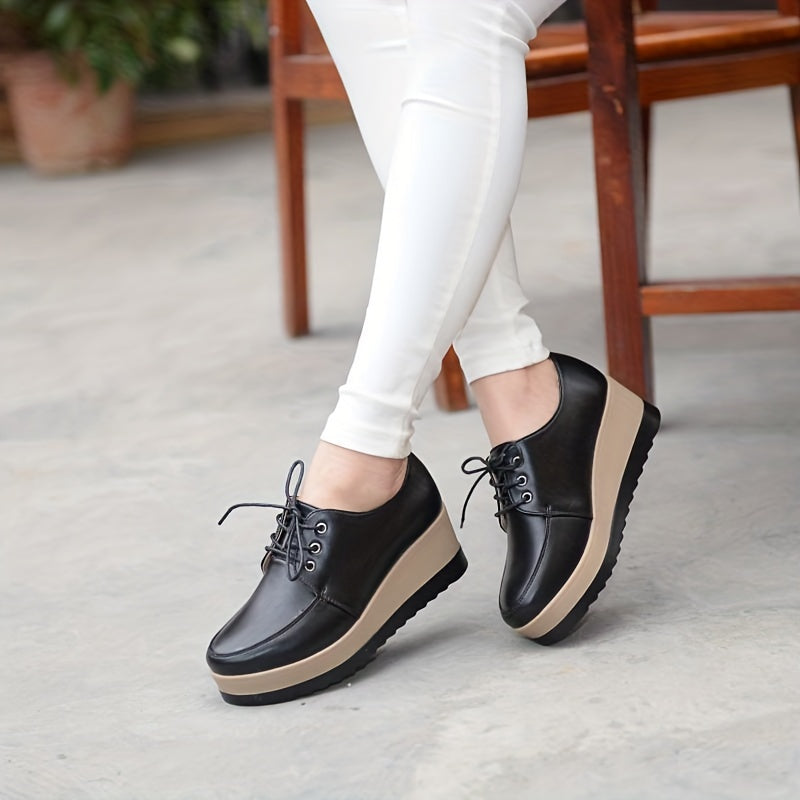 Women's lace-up platform wedge loafers with round toe, heightening design, and versatile style.