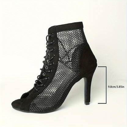 Stylish black mesh ankle boots with peep toe and lace-up design - perfect for jazz dance & summer events. High stiletto heels, breathable fabric, rubber sole. Great for outdoor wear.