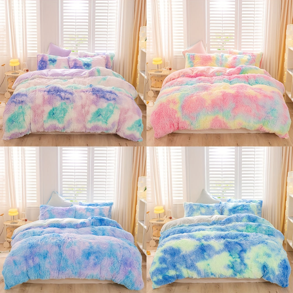 Y2K Tie Dye Plush Duvet Cover Set includes 3 pieces (1 Duvet Cover + 2 Pillowcases), providing soft and warm bedding.