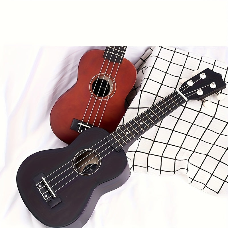 21-inch high pitch ukulele for adults and teens, made of solid basswood with four strings, in black color.