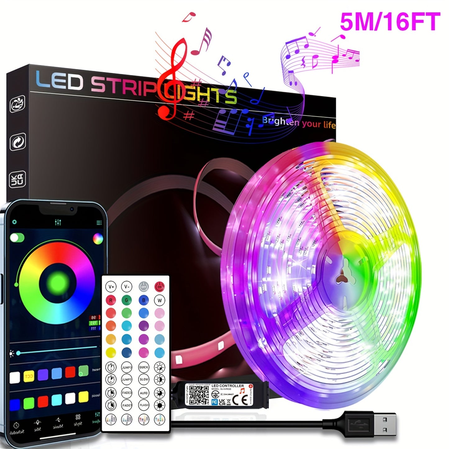 HBOWMDJIA Smart LED Strip Lights: 91.44cm-30.48m, Color Changing & Music Sync, App Control & Remote, USB Powered, Bedroom Ambiance & Party Decor.