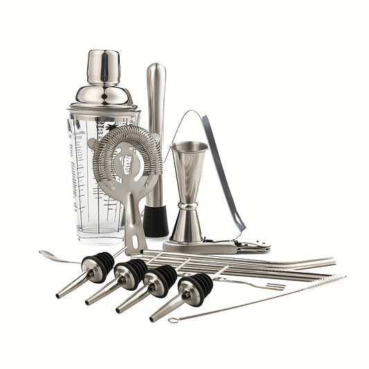 16-piece set of milk tea tools, including a 400ml cocktail mixer, 25/50 cocktail mixer, and a 400ml glass shaker cup.