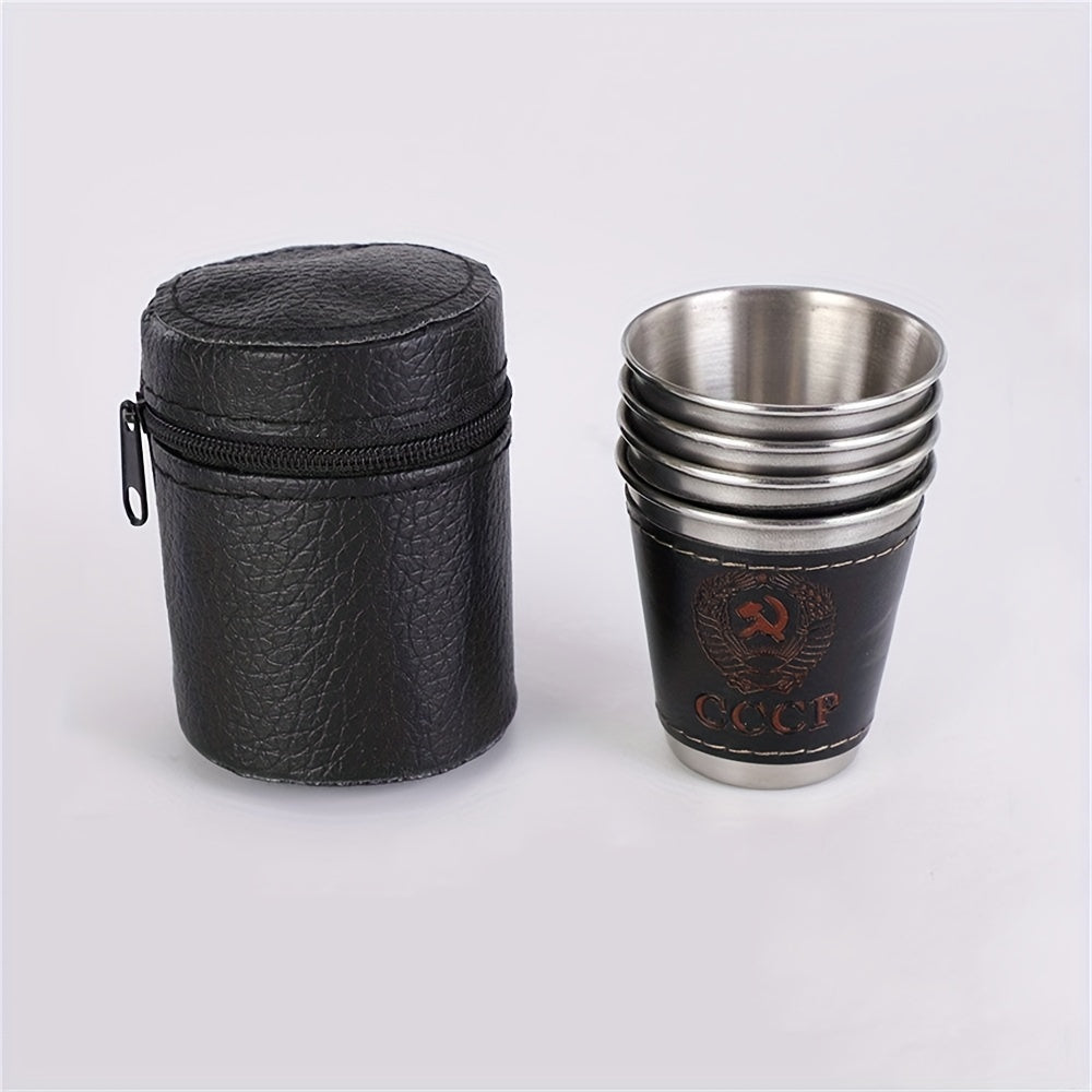 Set of 4 70ml stainless steel camping cups with faux leather carry bag CoSenNo_GRANTEDville_FL