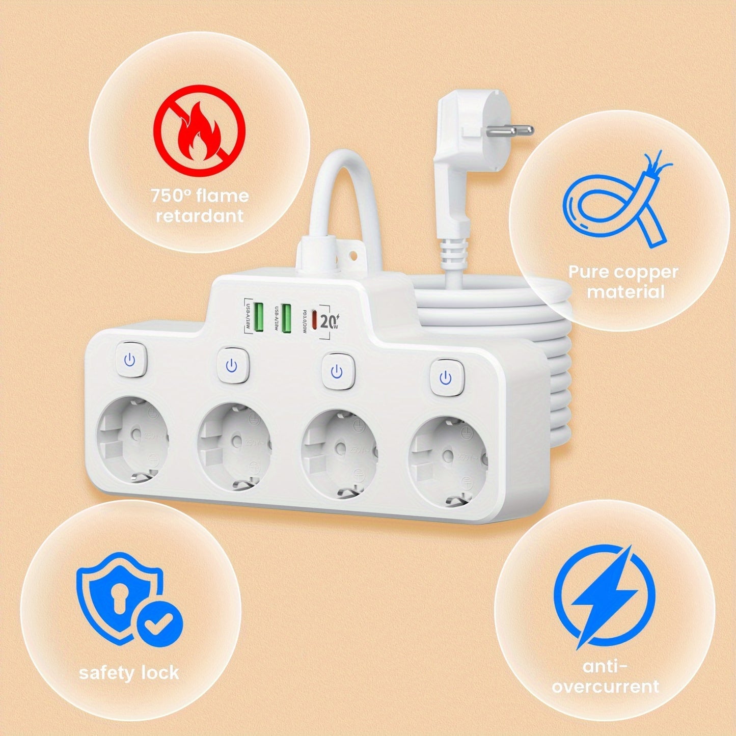 1 Kinglink power strip with 4 outlets, USB ports, switches, surge protector, 2m extension cord, European plug, anti-overcurrent, safety lock, flame retardant - White.