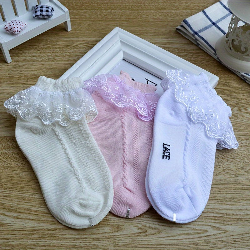 4 pairs of lace ruffle trim crew socks for girls, breathable and comfy princess dance socks.