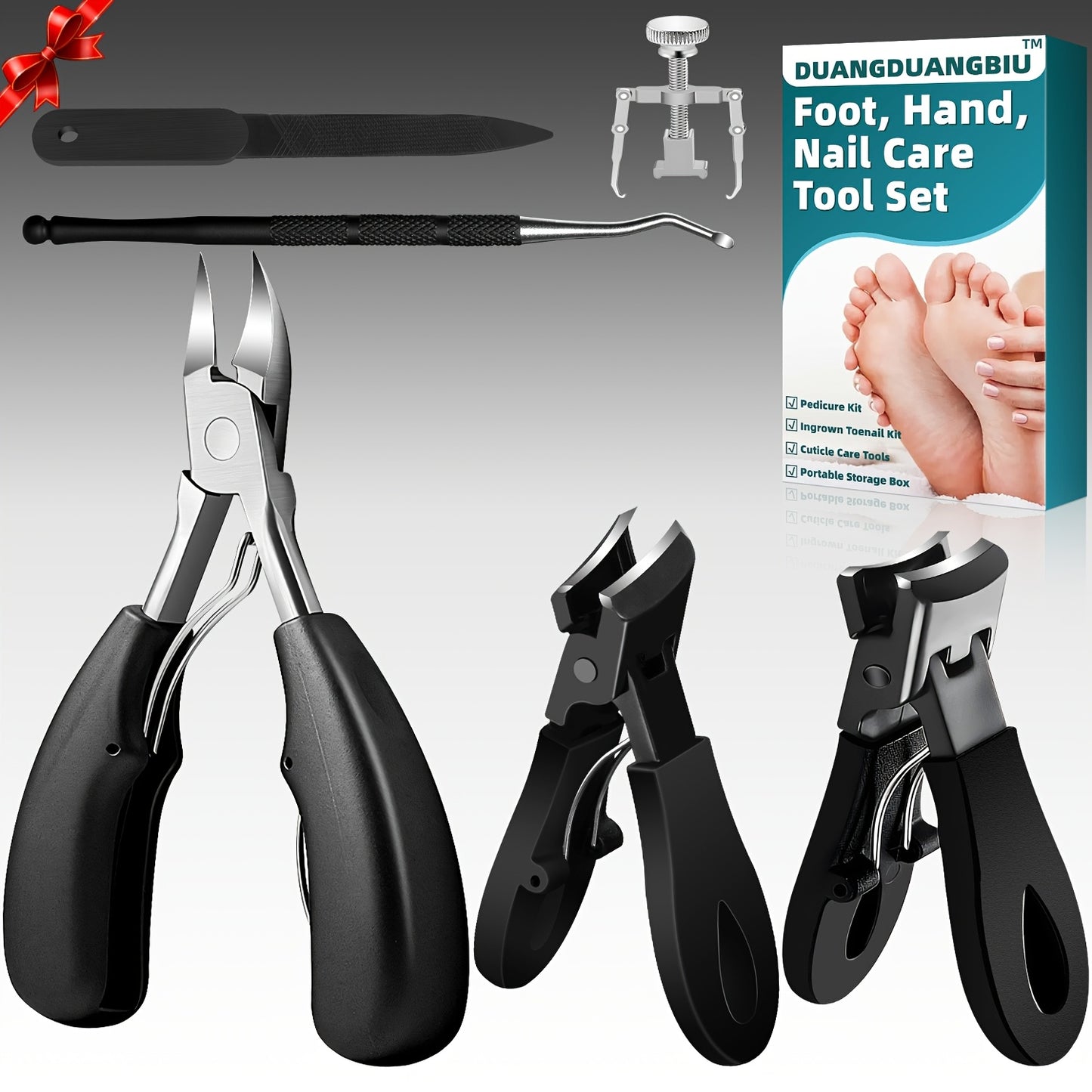 6pcs DUANGDUANGBIU Ingrown Toenail Care Kit with wide jaw and large angled clippers for thick nails, includes nail file and pedicure tools with ergonomic handles. Ideal for men and women's