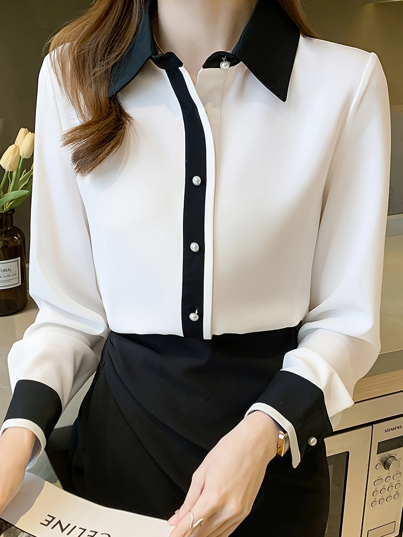 Contrast Trim Button Up Shirt for Women, Long Sleeve, Casual and Versatile for Spring & Fall