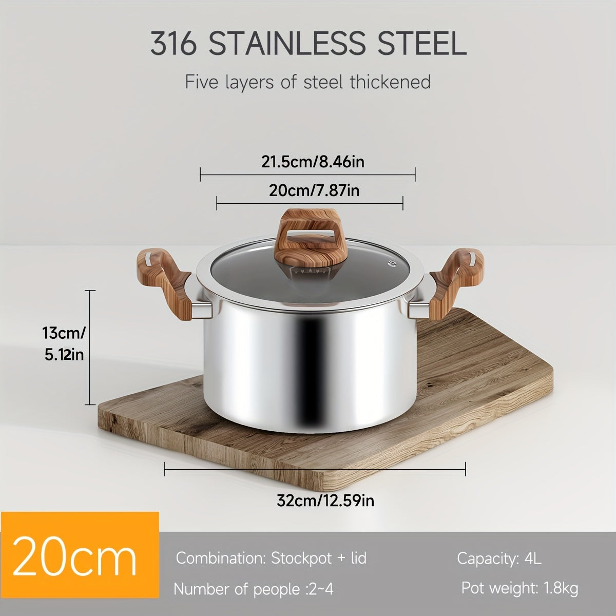 Five-layer composite steel pot for the kitchen, made of thickened food-grade 316 stainless steel. Non-stick and induction cooktop compatible. Features a deep soup pot and thickened steamer with 304 stainless steel lid. Ideal for cooking noodles