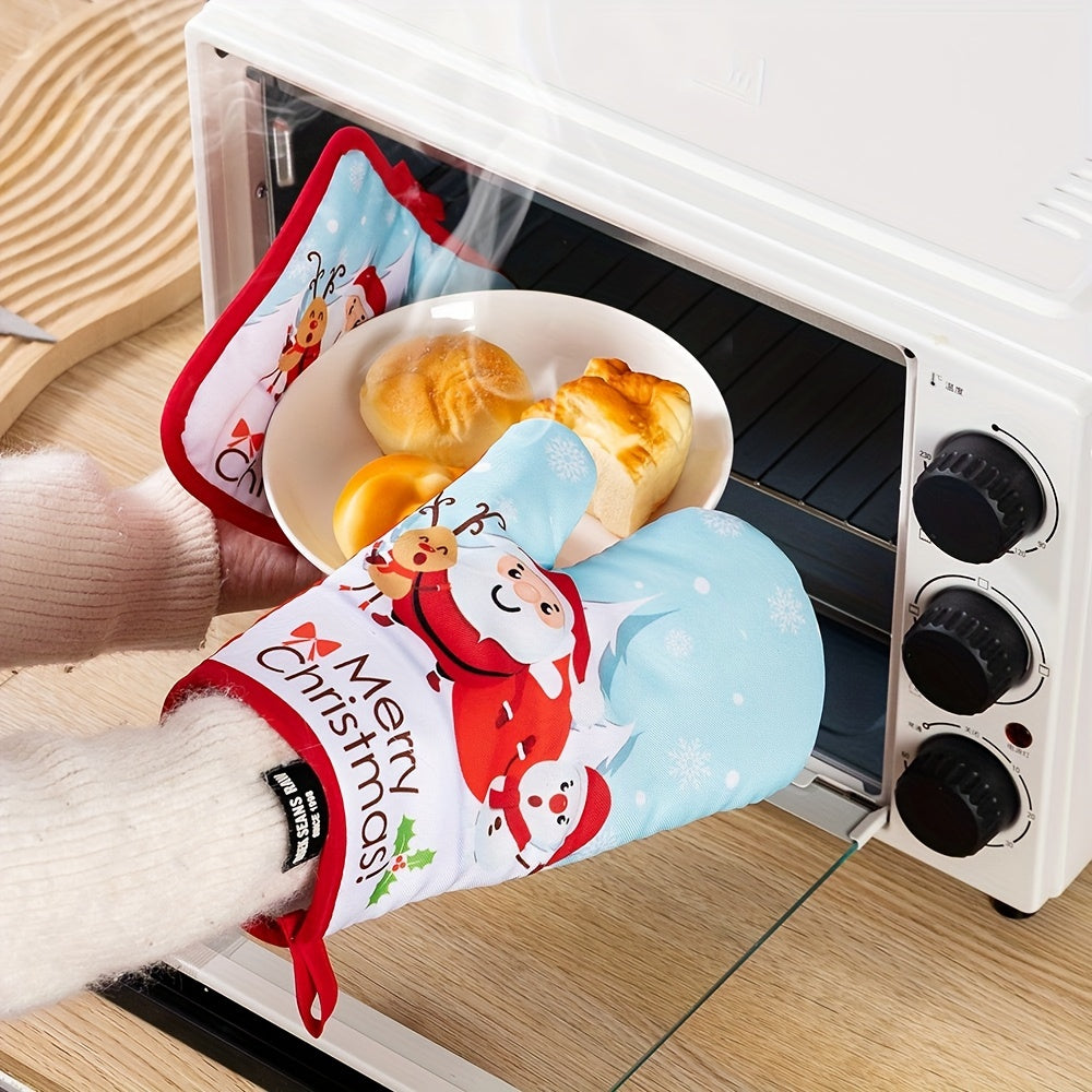 Set of 2 Christmas-themed kitchen oven mitts, made of thickened glass fiber gloves and heat-resistant pads. Perfect for festive cooking in the home kitchen, these accessories are non-food contact safe.