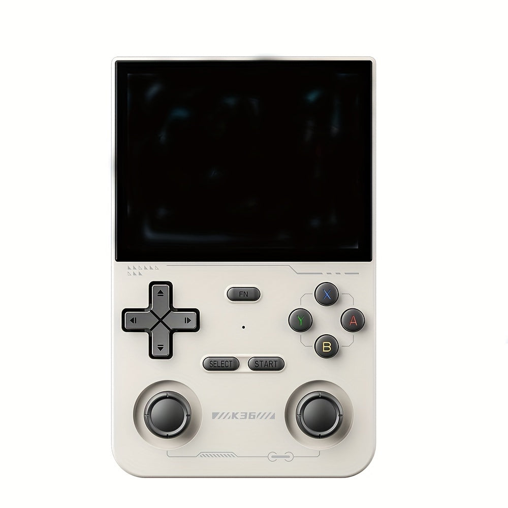 Open-source portable gaming console with long battery life, 3.5-inch HD screen, 64GB TF card, OTG adapter, USB charging cable, and multi-language support.