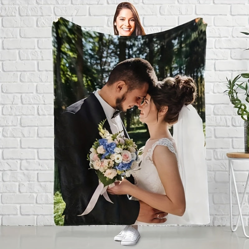 Get cozy with a custom photo print flannel fleece blanket in a contemporary style. This all-season blanket is made from 200-250g polyester and features a digital print. Use it as a cozy bed throw or a perfect gift for home and kitchen decor.