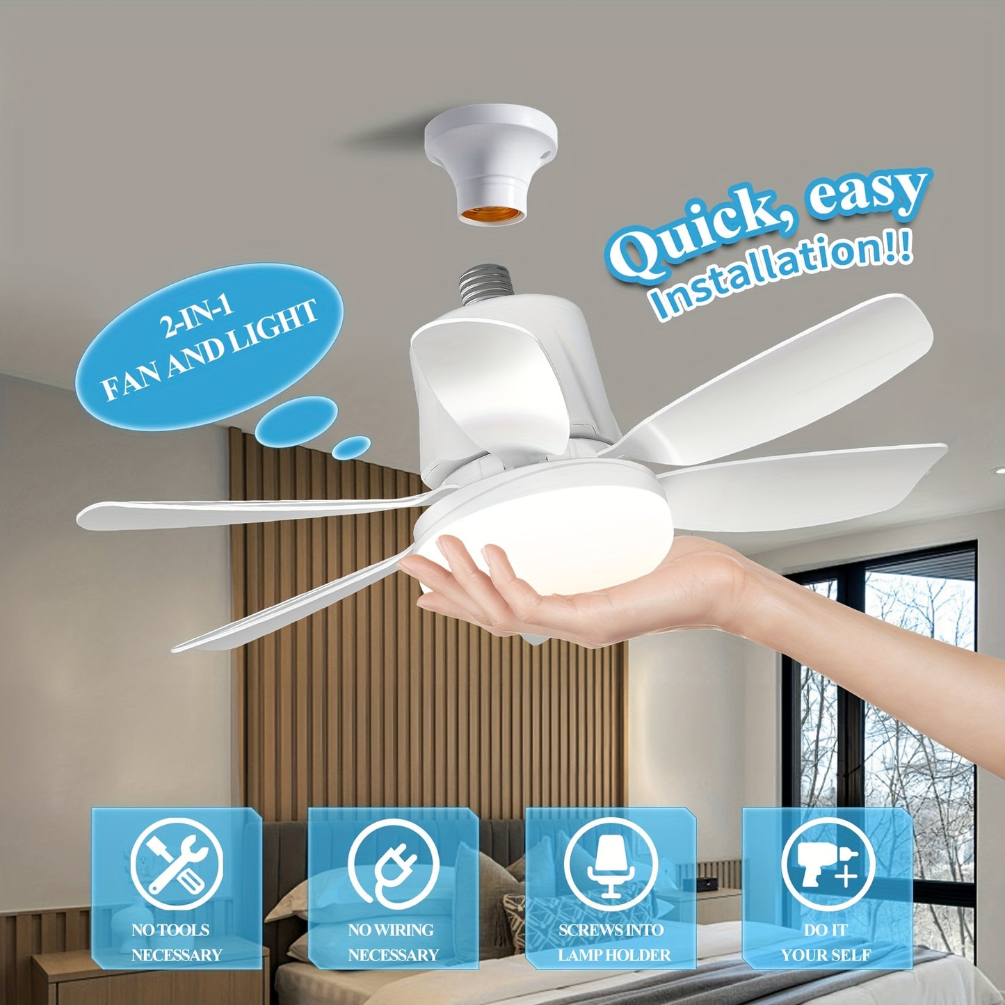 Modern dimmable LED ceiling fan light with remote, multi-speed fan with 3 color options. Easy install with E26/E27 base, hard-wired for various rooms, no battery needed.