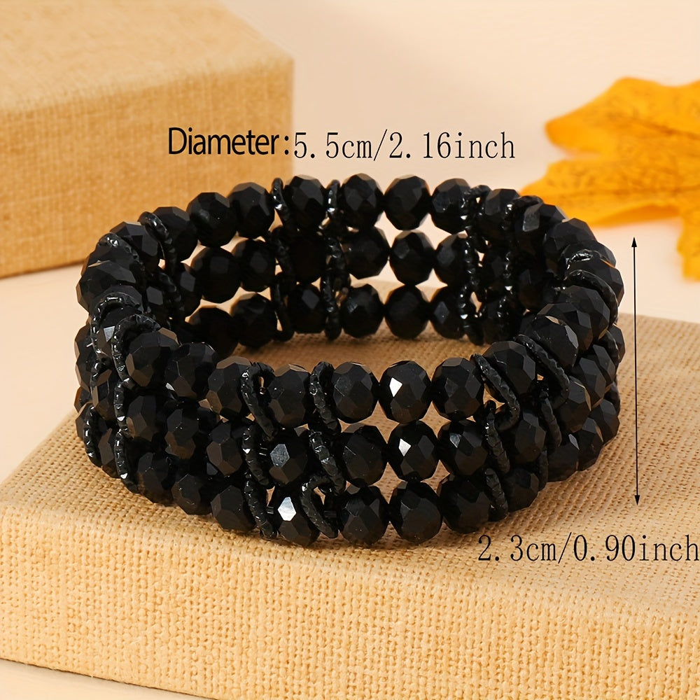 A versatile black beaded stretch bracelet in boho style for women made of aluminum alloy and artificial crystal, perfect for daily wear and gifting all year round.