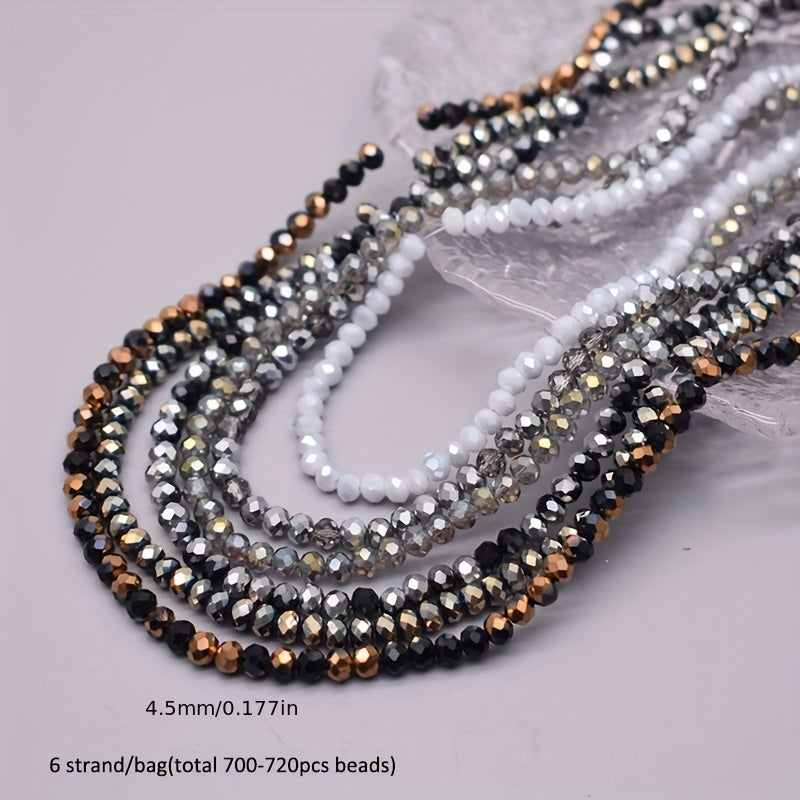 720 pieces of faceted glass rondelle beads measuring 4mm each, sold in a convenient bag. Perfect for crafting jewelry, DIY projects, and adding embellishments to clothing items such as necklaces, bracelets, and more.