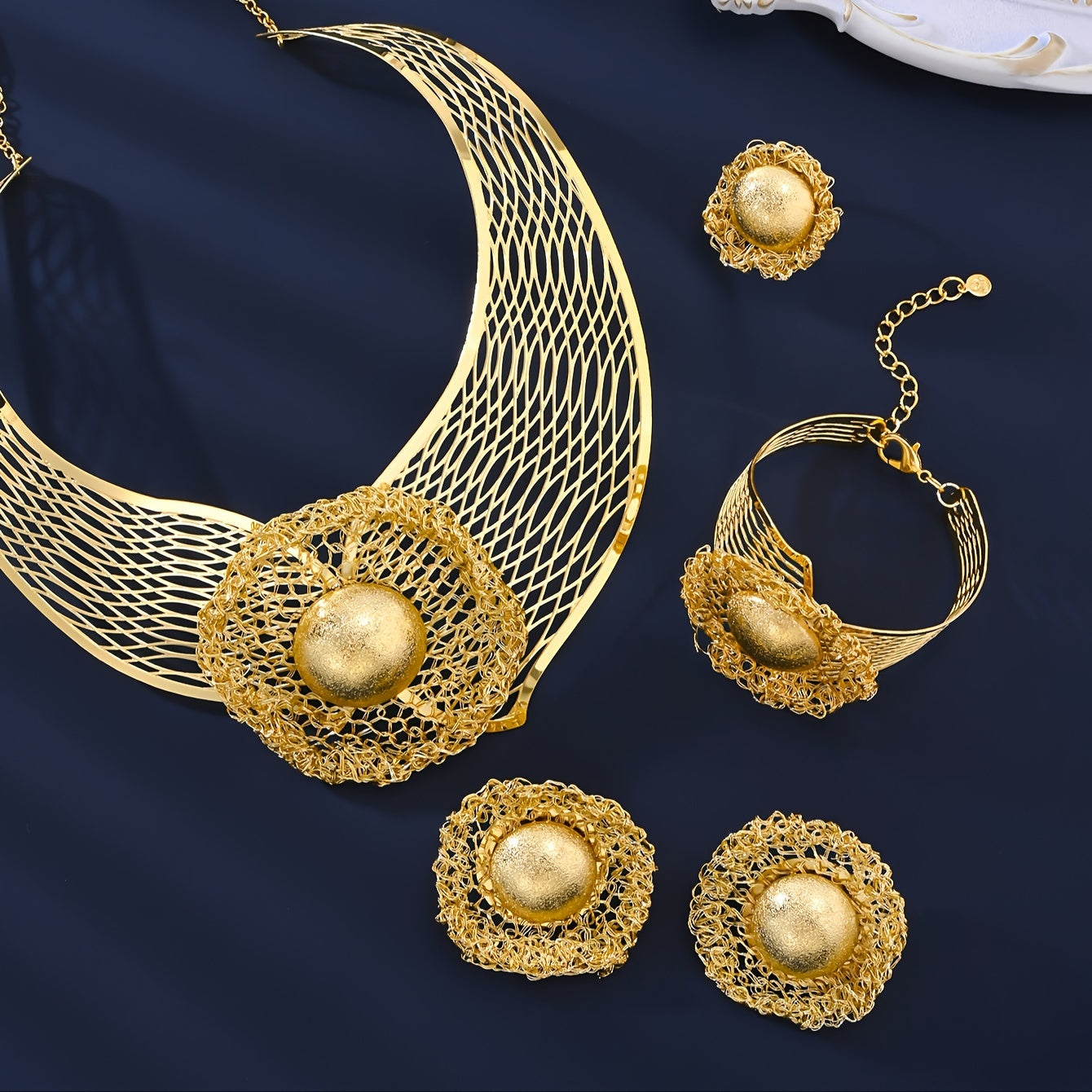 Elegant Vintage & Classic MEIZ Middle East Inspired Flower Bloom 18K Golden Plated Copper Jewelry Set - Necklace, Pendant, Earrings for Women - Perfect for Birthdays, Holidays, Engagements & Weddings