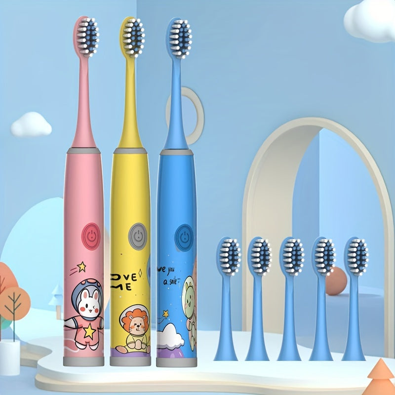 Children's Electric Toothbrush with 5 replacement brush heads in various colors. Suitable for kids aged 3-15, features soft bristles for gum protection and oral health care. Stylish