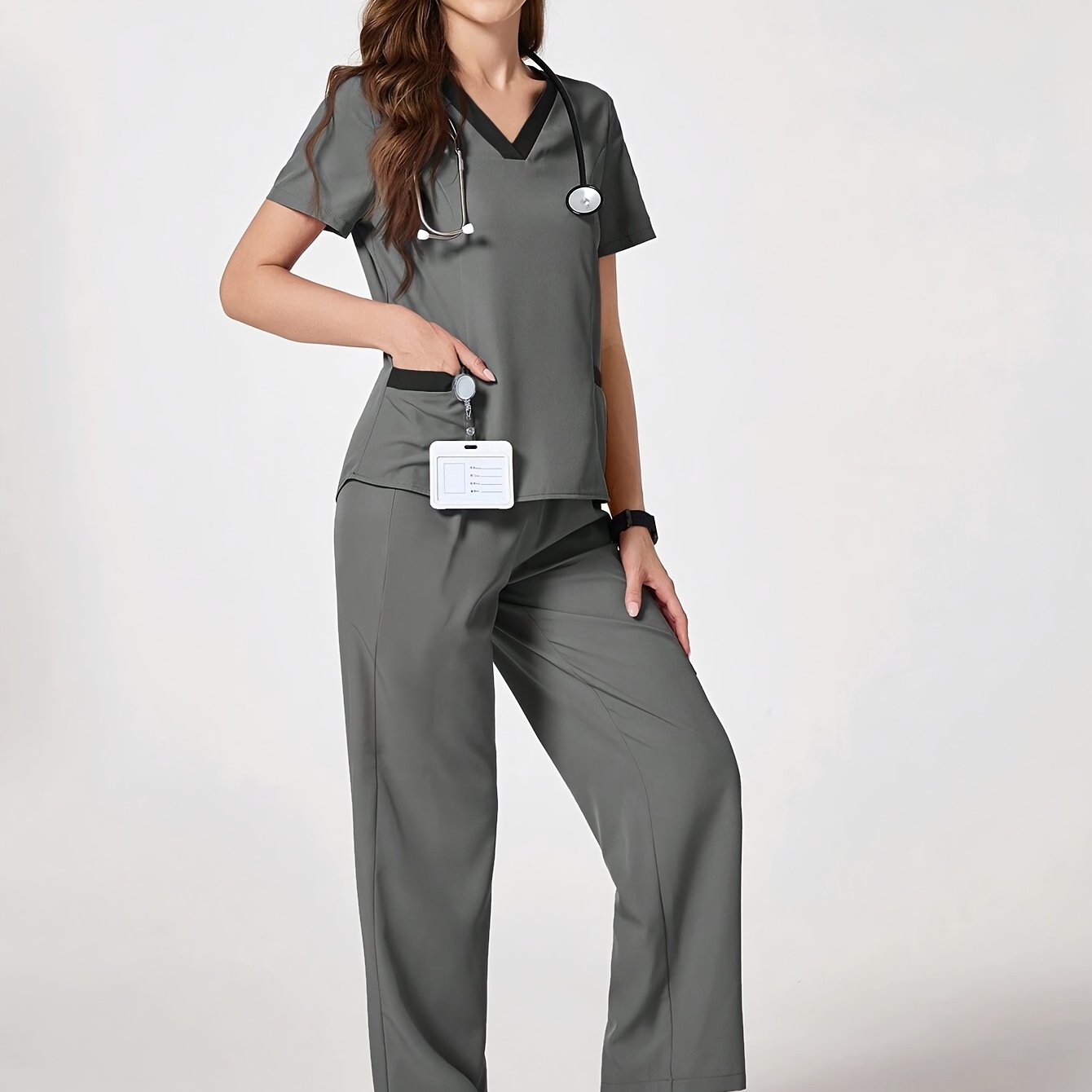 One set of men's and women's medical scrubs made from 100% polyester. Includes V-neck top and pants in a solid color, suitable for doctors, nurses, and dentists. Can be worn in all seasons.