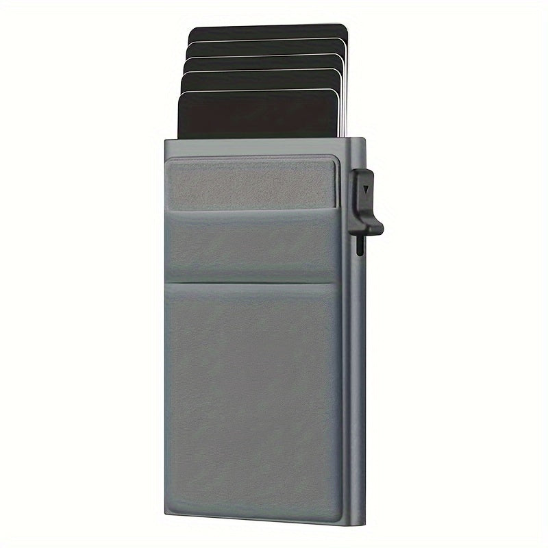 Innovative men's black aluminum wallet with RFID blocking, dual layer back, and card holder.